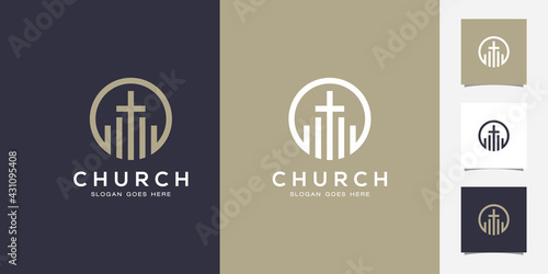 Slika na platnu Line art church / christian logo design Premium Vector