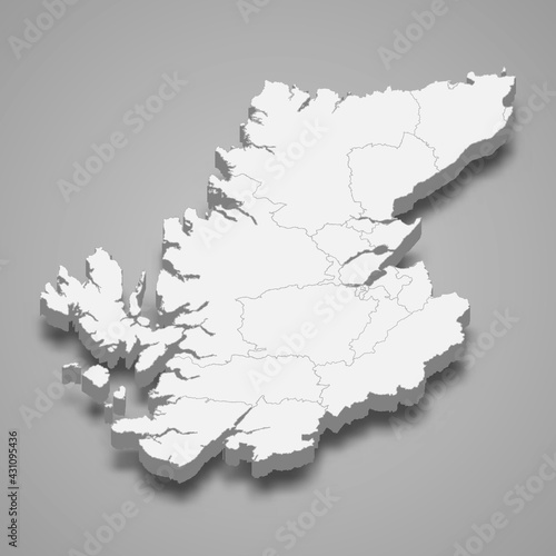 3d isometric map of Highland is a region of Scotland,