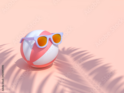 Beach ball wearing sunglasses on pink background. Summer with love. Summer vacation concept. Minimal abstract wallpaper concept. Velvet season. Flat lay. 3d render