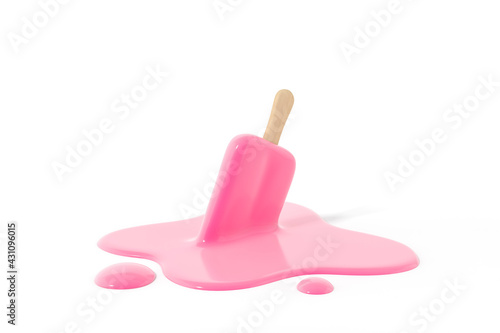 Pink stick ice cream melting on white background 3d rendering. 3d illustration Summer minimal concept.
