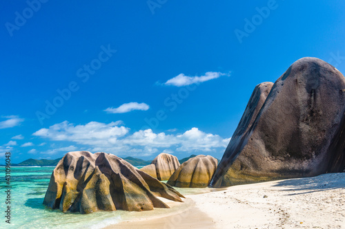 Stones on the famous Anse Source d`Argent beach on La Digue island, Seychelles photo