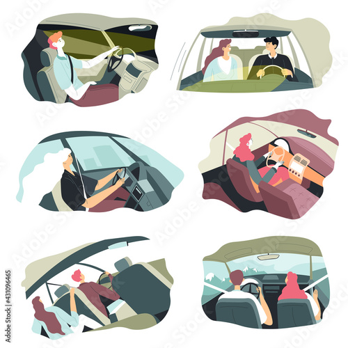 People traveling by car, couples and pairs on trip