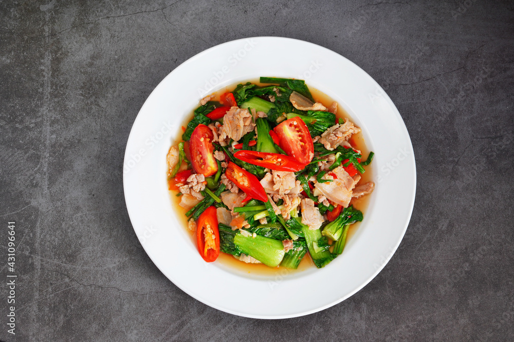 Stir-fried vegetables with bacon and pork Homemade Thai food Stir-fried vegetables with bacon and pork Homemade Thai food