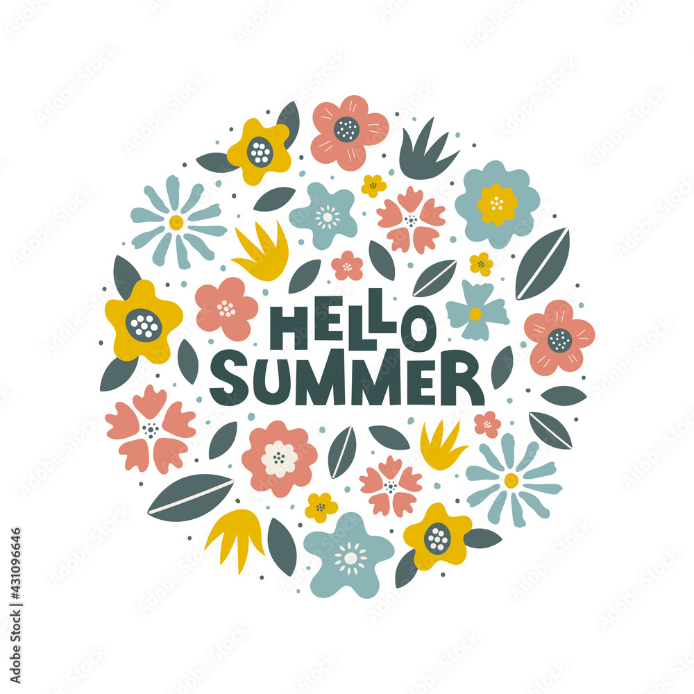 Colorful round shape of abstract flowers and leaves with lettering in center isolated on white background. Hello Summer card design. Vector illustration Colorful round shape of abstract flowers and leaves with lettering in center isolated on white background. Hello Summer card design. Vector illustration