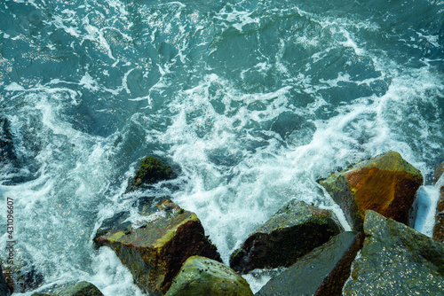 Waves crashing on the rocks, Waves crashing on the rocks top view, Beautiful nature photography © MILJU