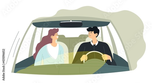 Man and woman driving car, couple on trip vector