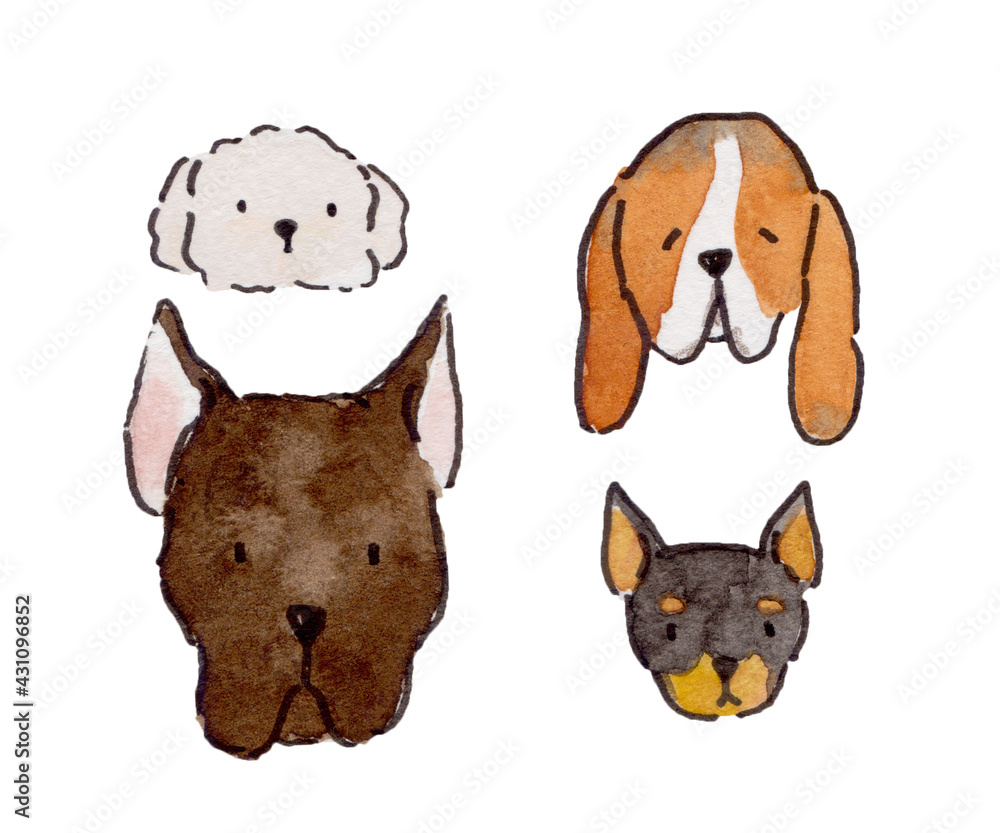set of dogs breeds head icon illustration cartoon watercolor Maltese, Great Dane, hound dog, miniature pinscher