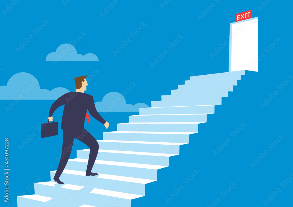 Businessman walking up the stairs to the exit, Business solution or exit strategy concept, Flat design vector illustration
