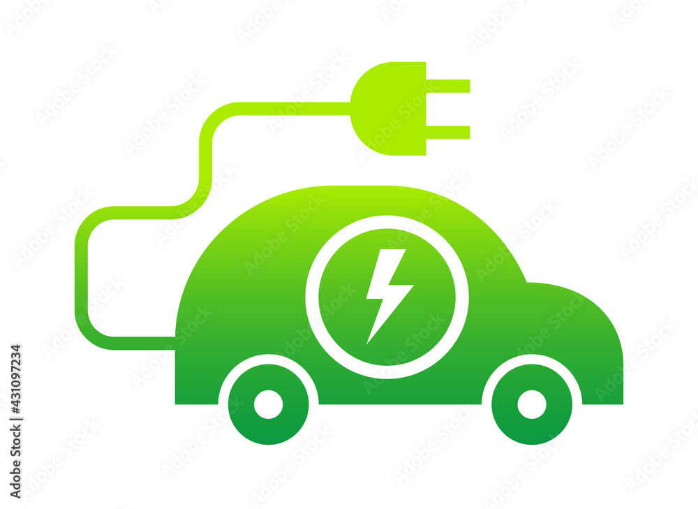 Electric car with plug green icon symbol, EV car hybrid vehicles charging point logotype, Eco friendly vehicle concept, Vector illustration