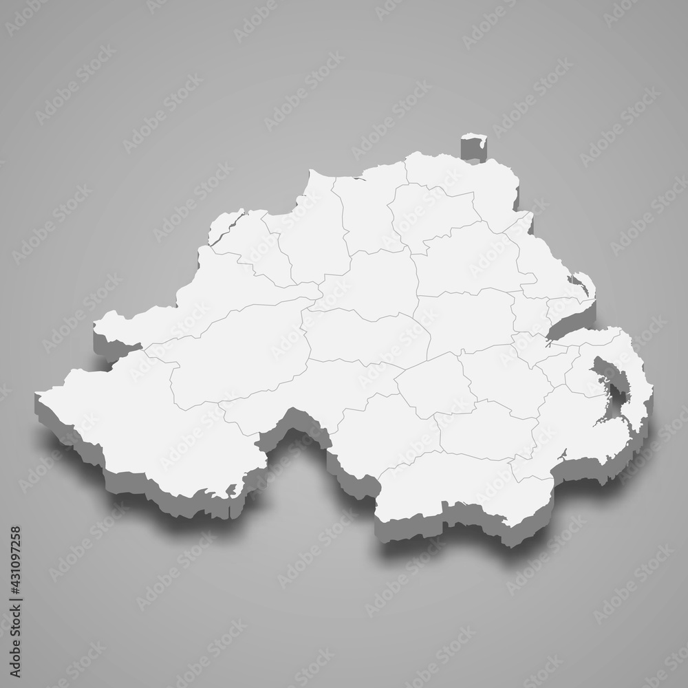 3d isometric map of Northern Ireland, isolated with shadow