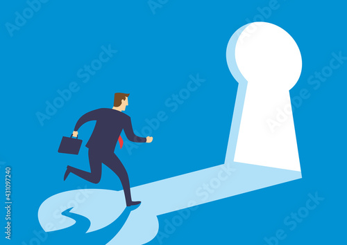 Businessman running towards keyhole the door, Business solutions and chance opportunity to success, Flat design vector illustration