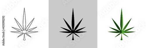 Cannabis leaf icon set. Colored, line and object styles. Icons for product labels containing cannabis. Simple design.