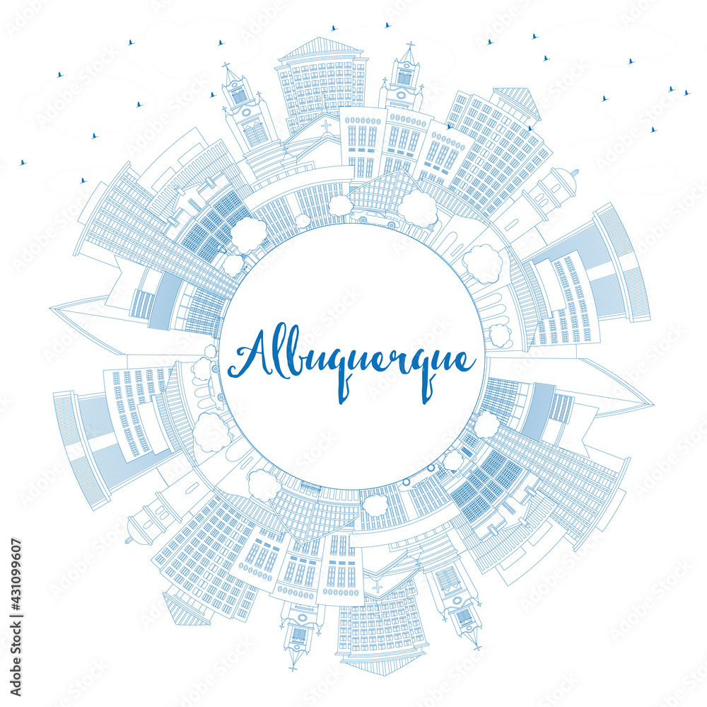 Outline Albuquerque New Mexico City Skyline with Blue Buildings and Copy Space.