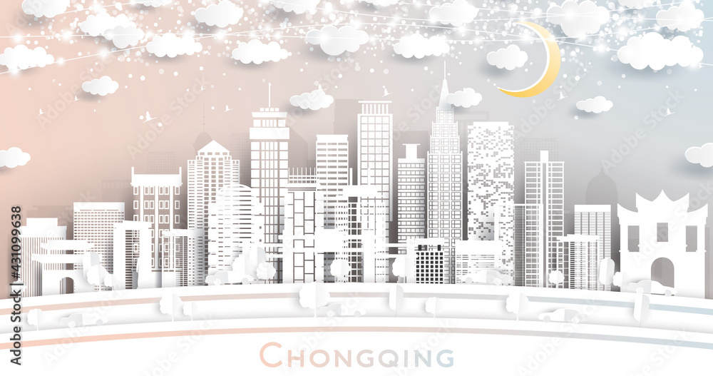 Chongqing China City Skyline in Paper Cut Style with White Buildings, Moon and Neon Garland.