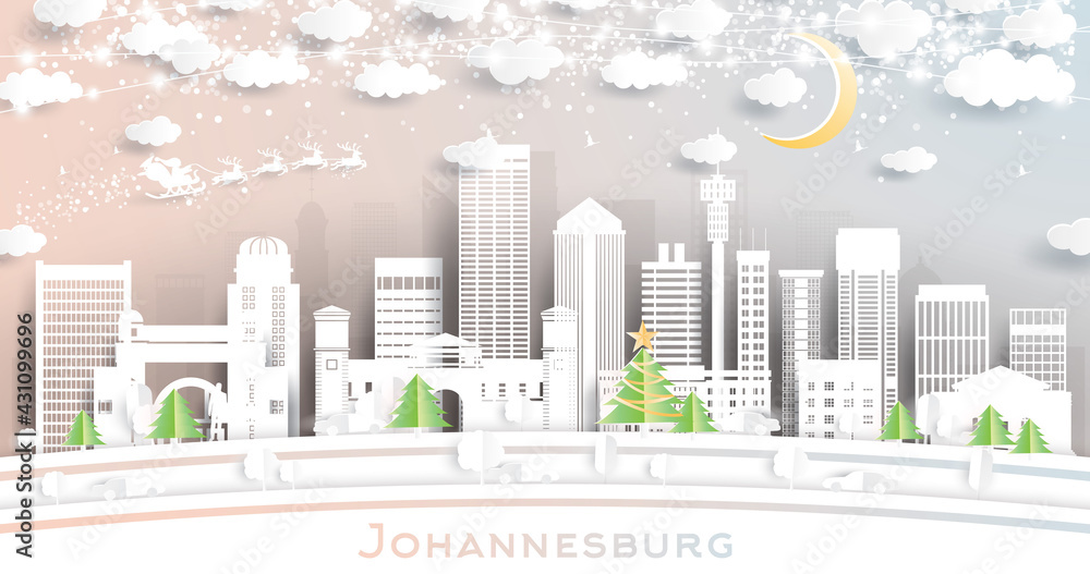 Obraz premium Johannesburg South Africa City Skyline in Paper Cut Style with White Buildings, Moon and Neon Garland.
