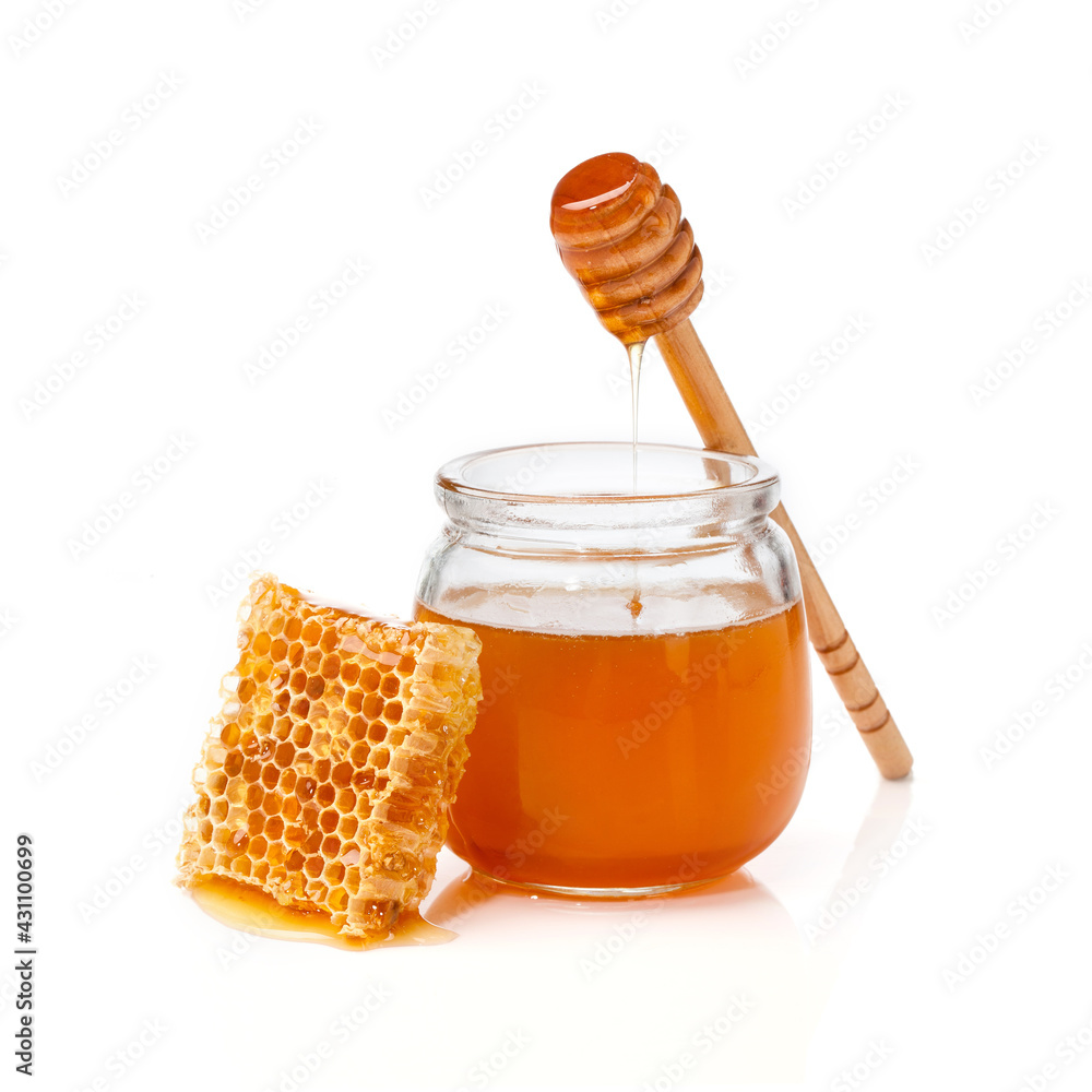 honey dipper, honey jar and honeycombs isolated on white background. honey dipper, honey jar and honeycombs isolated on white background.