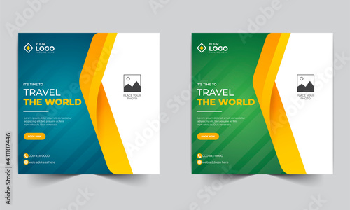 Trendy professional and colorful travel agency abstract modern social media post design layout and square web banner, tourism banner template, promotional travel ads design.