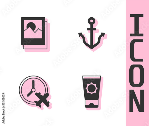 Set Sunscreen cream in tube, Photo, Clock with airplane and Anchor icon. Vector