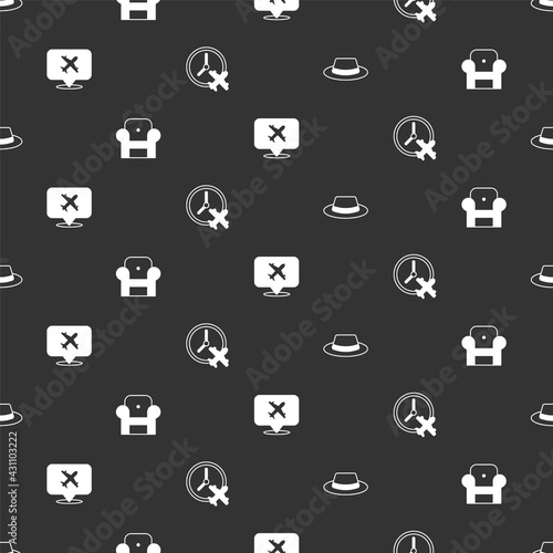 Set Man hat with ribbon, Armchair, Speech bubble airplane and Clock on seamless pattern. Vector