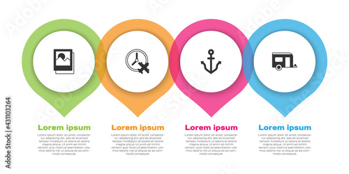 Set Photo, Clock with airplane, Anchor and Rv Camping trailer. Business infographic template. Vector