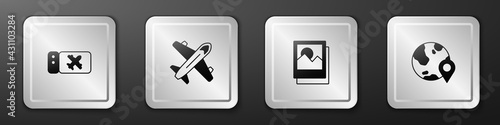 Set Airline ticket, Plane, Photo and Location on the globe icon. Silver square button. Vector