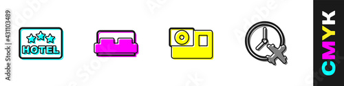 Set Signboard with text Hotel, room bed, Action camera and Clock airplane icon. Vector