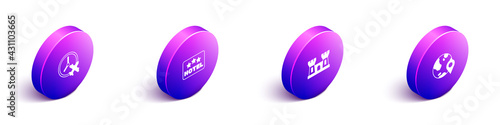 Set Isometric Clock with airplane, Signboard text Hotel, Sand castle and Location on the globe icon. Vector