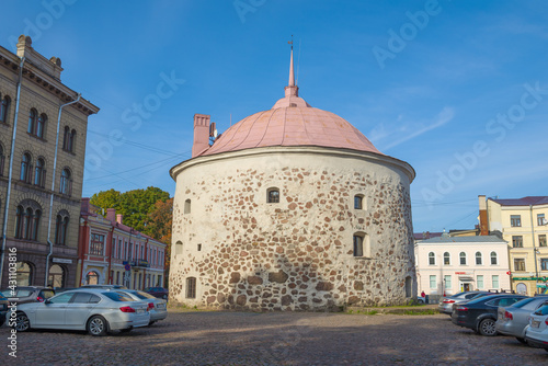 The old Round tower on the Market Square close-up on a October afternoon, Vyborg