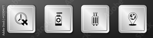 Set Clock with airplane, Sunscreen spray bottle, Suitcase and Location on the globe icon. Silver square button. Vector