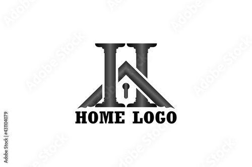 3D vector logo element with an illustration of the roof house, pillars and key holes forming the initials "H" or "AH". usable for hotel logos, real estate and general building construction logo
