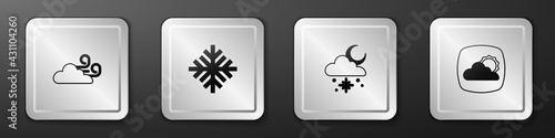 Set Windy weather, Snowflake, Cloud with snow and sun and Weather forecast icon. Silver square button. Vector