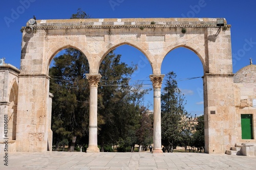 Mosque of Al-aqsa (Dome of the Rock) in Old Town. There are many historical buildings in the courtyard of Masjid Aksa Mosque. Jerusalem, Israel.