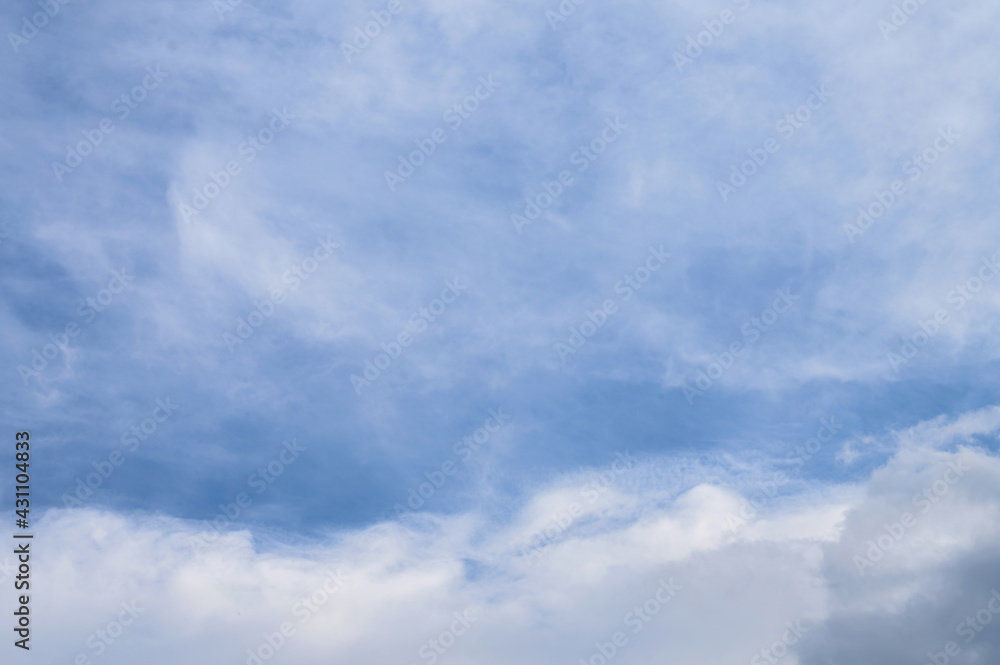 Abstract background of white fluffy clouds on a bright blue sky