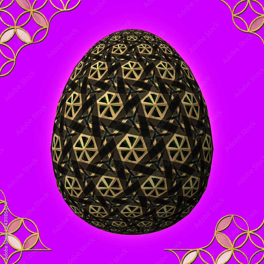 Happy Easter, Artfully designed and colorful 3D easter egg, 3D illustration on purple background with frame Happy Easter, Artfully designed and colorful 3D easter egg, 3D illustration on purple background with frame