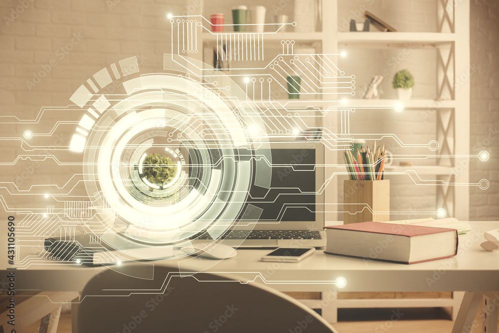 Double exposure of data theme drawing and office interior background. Concept of technology. Double exposure of data theme drawing and office interior background. Concept of technology.