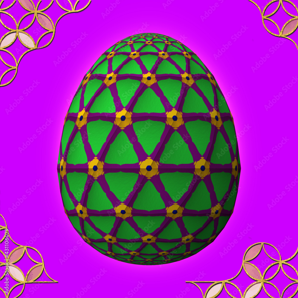 Happy Easter, Artfully designed and colorful 3D easter egg, 3D illustration on purple background with frame Happy Easter, Artfully designed and colorful 3D easter egg, 3D illustration on purple background with frame