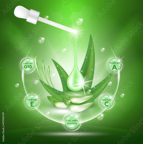 Aloe vera plant with fresh drops and dropper glass bottle. Collagen and vitamin serum. Skin care, Beauty cosmetics product ads poster design. Realistic 3d vector illustration