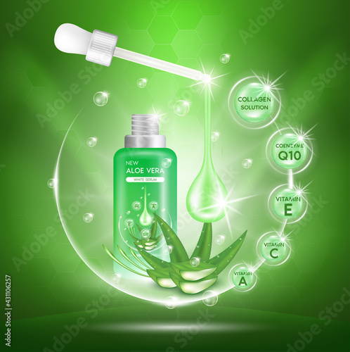 Aloe vera plant with fresh drops and dropper glass bottle. Collagen and vitamin serum. Skin care, Beauty cosmetics product ads poster design. Realistic 3d vector illustration