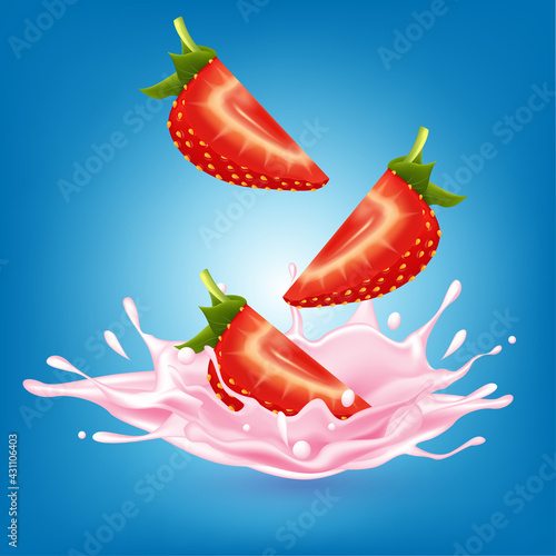 Strawberry sweet pink milk with berries and splashes realistic, Fruit and yogurt. vector 3d illustration.