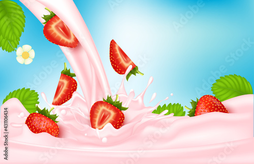 Strawberry sweet pink milk with berries and splashes realistic, Fruit and yogurt. vector 3d illustration.