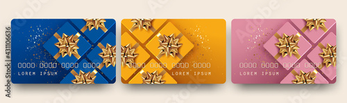 Gift card or gift certificate or voucher or discount card design template with set of three different color cards with top view gift boxes and golden bows. Realistic vector illustration.
