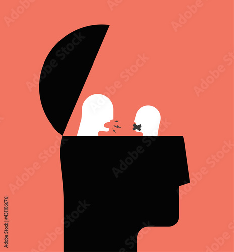 Bipolar disorder or internal conflict or anxiety or suspended anger and personality issues psychological concept illustration with human head silhouette. Conceptual abstract vector illustration