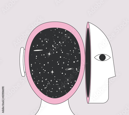 Inner world or inner space or or open mind or self exploring or imagination metaphor concept with human head and space inside it. Vector illustration