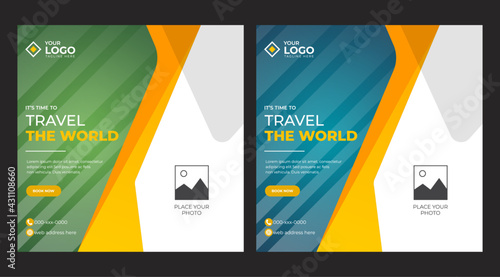 Travel social media post template set, colorful travel agency abstract modern square web banner layout, tourism social media banner template, promotional travel ads design.