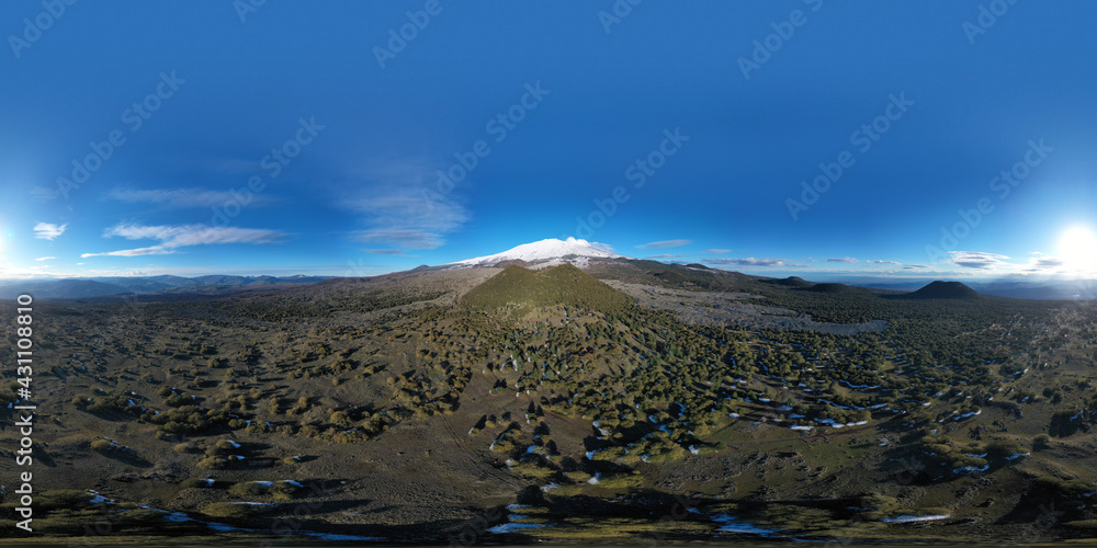360 degree virtual reality panoramic view of the Etna volcano with its lava flows and its secondary craters.