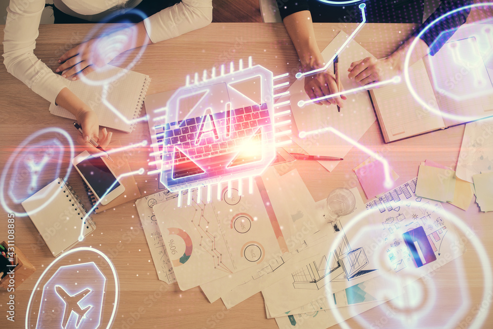 Double exposure of woman hands working on computer and data theme hologram drawing. Top View. Technology concept. Double exposure of woman hands working on computer and data theme hologram drawing. Top View. Technology concept.