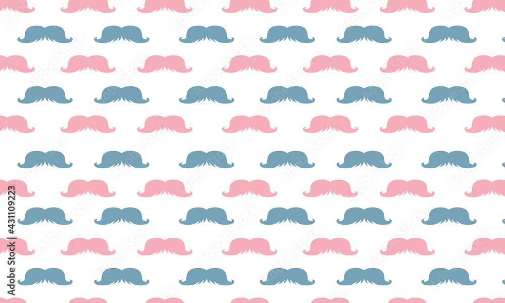 Fototapeta Pink and blue mustache vector seamless repeating pattern with white background. Greate as a textile print, fabric, wallpaper, background or packaging. Surface pattern design.