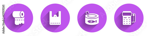 Set Toilet paper roll, Paper shopping bag, Canned fish and POS terminal with credit card icon with long shadow. Vector