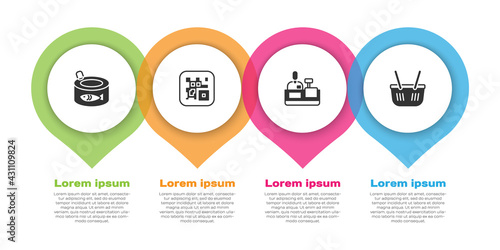 Set Canned fish, QR code, Cashier at cash register and Shopping basket. Business infographic template. Vector