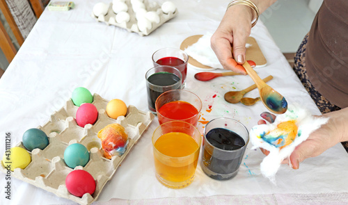 Dye or dying Easter eggs. Coloring and painting Easter eggs